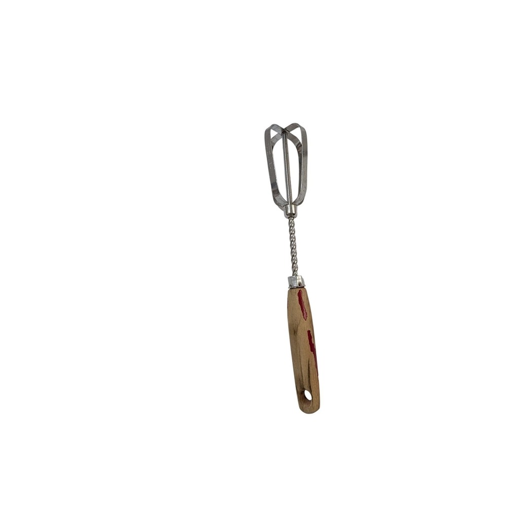 Vintage Hand Mixer Wood Handle Red Paint Manual Whisk Primitive Kitchen Tool